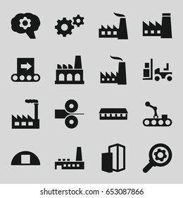 Factory icons set. set of 16 factory filled icons such as factory, barn, gear, forklift, cargo barn, building, conveyor, conveyor and robot arm