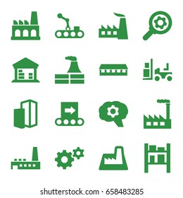 Factory icons set. set of 16 factory filled icons such as factory, barn, gear, forklift, cargo barn, building, conveyor