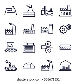 factory icons set. Set of 16 factory outline icons such as factory, barn, gear, forklift, cargo barn, building, conveyor, conveyor and robot arm