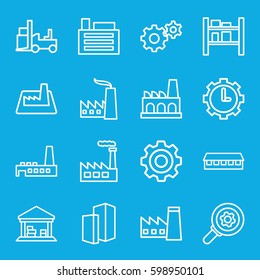 factory icons set. Set of 16 factory outline icons such as factory, barn, gear, forklift, cargo barn, clock in gear