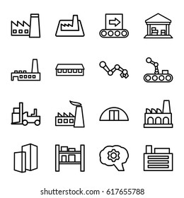 Factory icons set. set of 16 factory outline icons such as factory, barn, forklift, cargo barn, building, conveyor, conveyor and robot arm, gear