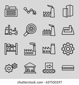 Factory icons set. set of 16 factory outline icons such as factory, barn, gear, forklift, cargo barn, building, conveyor