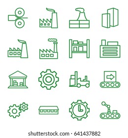 Factory icons set. set of 16 factory outline icons such as factory, barn, gear, forklift, cargo barn, clock in gear, building, conveyor, conveyor and robot arm