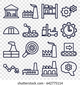 Factory icons set. set of 16 factory outline icons such as factory, gear, forklift, cargo barn, clock in gear, conveyor, conveyor and robot arm