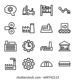 Factory icons set. set of 16 factory outline icons such as factory, barn, forklift, cargo barn, clock in gear, building, gear, conveyor, paper press