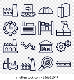 Factory icons set. set of 16 factory outline icons such as factory, barn, gear, forklift, cargo barn, clock in gear, building, conveyor