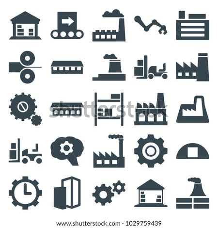 Factory icons. set of 25 editable filled factory icons such as factory, barn, gear, forklift, robot arm, cargo barn, clock in gear, building, conveyor