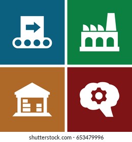 Factory icons set. set of 4 factory filled icons such as cargo barn, factory, conveyor