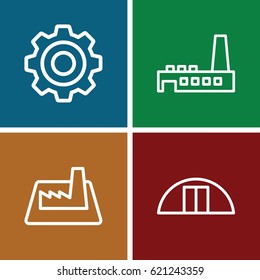 Factory icons set. set of 4 factory outline icons such as cargo barn, factory