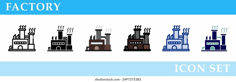 Conjunto de iconos de fábrica. 6 Varios estilos. Gráficos de signos, símbolos, elementos, presentaciones, infografías o Web. Ilustración vectorial.