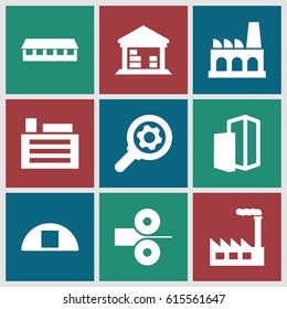 Factory icons set. set of 9 factory filled icons such as barn, cargo barn, factory, building, paper press
