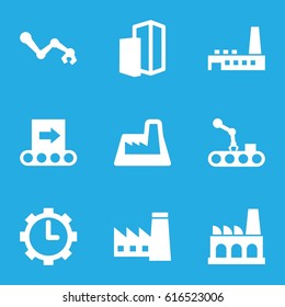 Factory icons set. set of 9 factory filled icons such as factory, clock in gear, building, conveyor, conveyor and robot arm