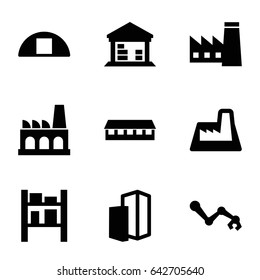 Factory icons set. set of 9 factory filled icons such as factory, barn, cargo barn, building
