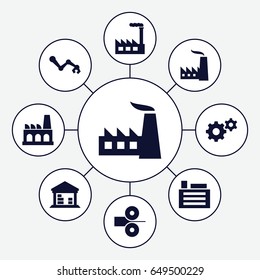 Factory icons set. set of 9 factory filled icons such as factory, gear, cargo barn, building, paper press