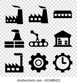Factory icons set. set of 9 factory filled icons such as factory, barn, cargo barn, clock in gear, gear