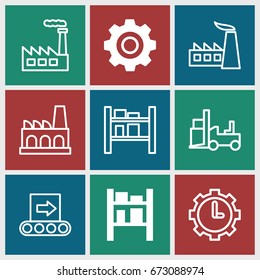 Factory icons set. set of 9 factory filled and outline icons such as cargo barn, gear, factory, forklift, clock in gear