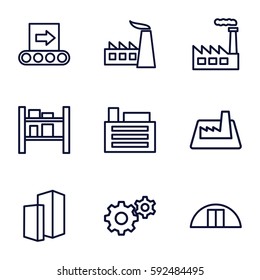 factory icons set. Set of 9 factory outline icons such as factory, gear, cargo barn, building