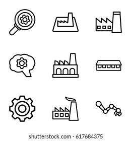 Factory icons set. set of 9 factory outline icons such as factory, barn, gear