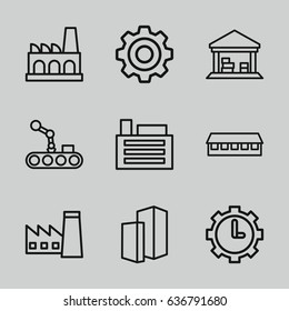 Factory icons set. set of 9 factory outline icons such as factory, barn, cargo barn, clock in gear, building, gear