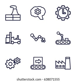 Factory icons set. set of 9 factory outline icons such as factory, gear, forklift, clock in gear, conveyor, conveyor and robot arm