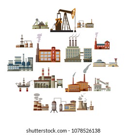 Factory icons set in cartoon style. Industrial building set collection vector illustration