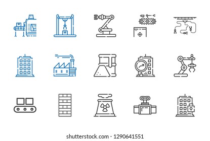 factory icons set. Collection of factory with building, valve, nuclear plant, chimney, conveyor, industrial robot, fuel. Editable and scalable factory icons.