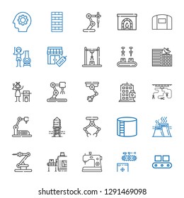 factory icons set. Collection of factory with conveyor, sewing machine, industrial robot, industry, industry tank, reservoir, building, gas. Editable and scalable factory icons.