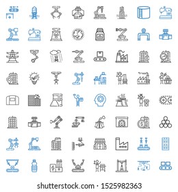 factory icons set. Collection of factory with conveyor, industrial robot, gas, industry, oils, chimney, stores, building, pollution, valve. Editable and scalable factory icons.