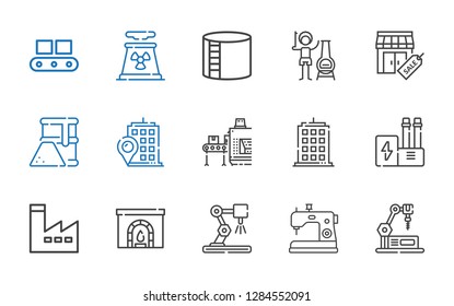 factory icons set. Collection of factory with industrial robot, sewing machine, chimney, industry, building, conveyor, fuel, stores, industry tank. Editable and scalable factory icons.