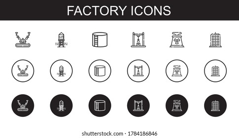 Factory Icons Set. Collection Of Factory With Industrial Robot, Reservoir, Industry Tank, Nuclear Plant, Building. Editable And Scalable Factory Icons.