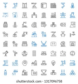 factory icons set. Collection of factory with industry, industrial robot, valve, conveyor, oils, renewable energy, gear, ozone layer, sewing machine. Editable and scalable factory icons.