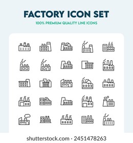 Factory icons set. Collection of outline vector icons such as industry, warehouse, power station, and more. Premium quality icon collection. Editable Stroke.