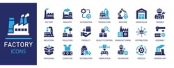 Factory  icons set. Featuring automation, manufacturing, warehouse, worker, machinery, pollution, conveyor, packaging, 
and production. Ideal for industrial,  and supply chain designs.
