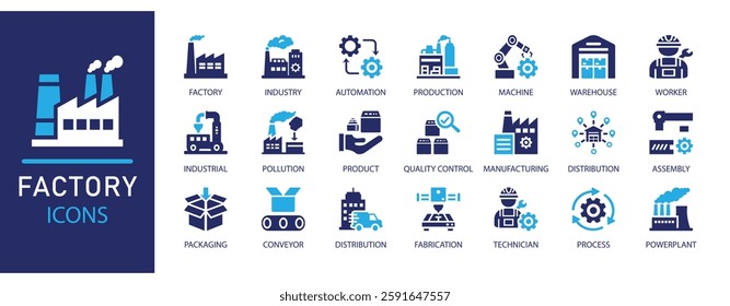 Factory  icons set. Featuring automation, manufacturing, warehouse, worker, machinery, pollution, conveyor, packaging, 
and production. Ideal for industrial,  and supply chain designs.
