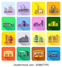 Factory icons set in flat style. Industrial building set collection vector illustration