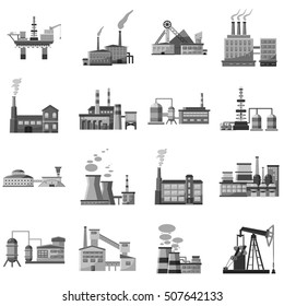 Factory icons set. Gray monochrome illustration of 16 factory vector icons for web