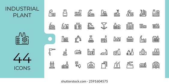 Factory icons set in linear style. Containing energy, equipment, warehouse, business, plan, mass, assembly and more. Icons for design. Editable stroke. Vector illustration.