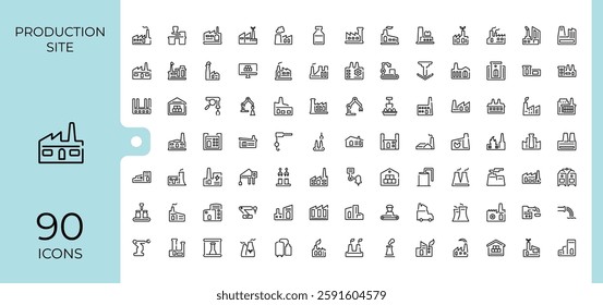 Factory icons set in linear style. Containing energy, equipment, warehouse, business, plan, mass, assembly and more. Icons for design. Editable stroke. Vector illustration.