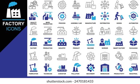 Iconos de fábrica Vector, Diseño, Ilustración gráfica, Esquema.