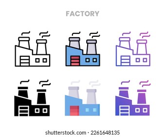 Factory icons vector illustration set line, flat, glyph, outline color gradient. Great for web, app, presentation and more. Editable stroke and pixel perfect.