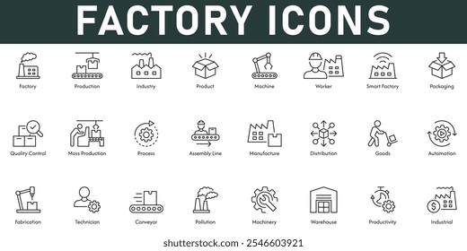 Ilustración vectorial de iconos de fábrica con línea delgada carrera editable que contiene la industria de producción máquina producto inteligente control de calidad de fábrica línea de montaje fabricación distribución automatización
