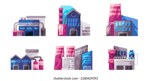 Colección de ilustraciones de fábrica conjunto de plantas de producción de empresas coloridas de construcción con arquitectura industrial de tuberías de chimenea