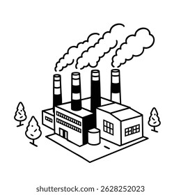 Factory illustration with smokestacks emitting smoke, surrounded by trees. Perfect for industrial, environmental, or pollution themes. Simple, black-and-white design.