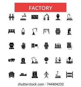 Factory illustration, thin line icons, linear flat signs, vector symbols, outline pictograms set, editable strokes