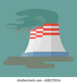 Factory. An image of three pipes from which smoke is coming. Flat design.