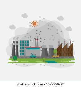 Factory indrustral covered by dust in air pullution. City building with bad weather. Vector illustration.
