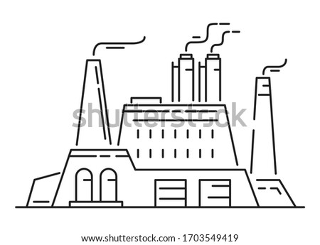 Factory industrial architecture. Outline assembly plant vector icon.Isolated on a white background.Chimneys from which smoke comes out.