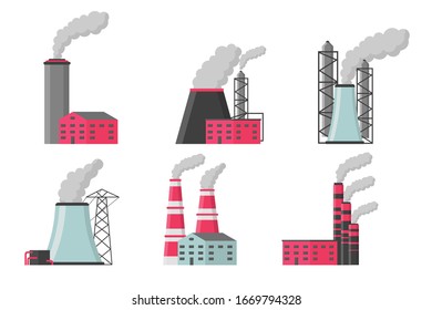 Factory or Industrial Building Flat Design style icon set. Factories, warehouse, conveyor and other industrial facilities. Set of industrial manufactories, building icons. Vector illustration, EPS 10.