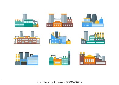 Factory or Industrial Building Flat Design Style Icon Set. Vector illustration of Urban Factory Landscape manufactory of power electricity, industry buildings 