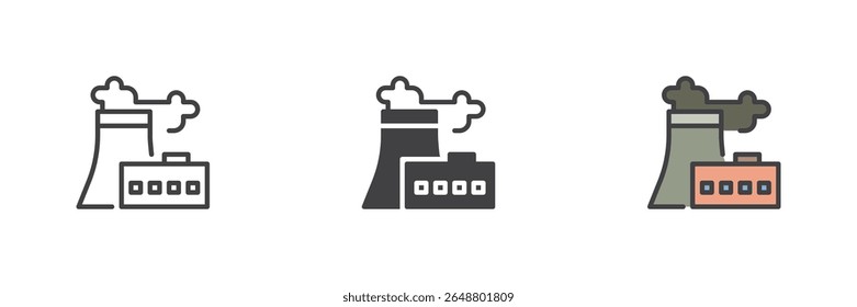 Factory or industrial building icon set shown in line, solid, and filled outline colorful styles. Symbol of manufacturing plant used in oil and fuel sectors. Vector icon pack.